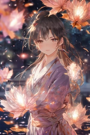 (anime:1.4), (((studio anime))), best quality, masterpiece, highly detailed foreground, ambient lighting, ultra-fine painting, extreme detail description, bokeh, side view, beautiful rendering, (blurry realistic very low saturation background), professional, healing,

1girl, beautiful young girl, delicate hair with crystal leaf shape accessories, crystal earrings, (very long straight hair floating in the air blow by the wind), upper body, face closeup, vacant eyes look into distance, floating long light purple translucent iridescent skirt like crystal and water, (backlight:1.4), (silhouette:1.1),

night, background is japanese traditional street, colorful maple leaves, sparkling light on the water's surface, blurry foreground, water splashing light in air, romantic atmospheric background