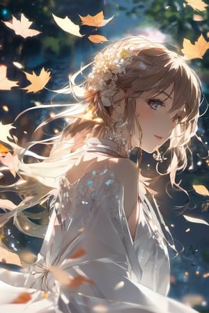 (anime:1.4), (((studio anime))), best quality, masterpiece, highly detailed foreground, ambient lighting, ultra-fine painting, extreme detail description, bokeh, side view, beautiful rendering, (blurry realistic very low saturation background), professional, healing,

1girl, beautiful young girl, delicate hair with crystal leaf shape accessories, crystal earrings, (very long straight hair floating in the air blow by the wind), upper body, face closeup, vacant eyes look into distance, floating long white translucent iridescent skirt like crystal and water, (backlight:1.4), (silhouette:1.1),

night, background is japanese traditional street, colorful maple leaves, sparkling light on the water's surface, blurry foreground, water splashing light in air, romantic atmospheric background