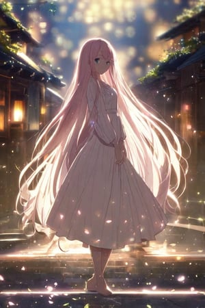 anime, (studio anime:1.3), masterpiece, best quality, high-res, extremely detailed, perfect lighting, bokeh, beautiful rendering, professional, paintbrush, lonely, 
1 woman, beautiful young woman, delicate eyes, pink lips, delicate hair with leaf shape accessories, (very long straight hair flowing), full body, side view, flowing long white skirt like crystal and silk, (backlight:0.5), (silhouette:0.1),
daylight, japanese traditional street, sakura blossom, sparkling light on the wet ground, petals splashing light in air, romantic atmospheric background