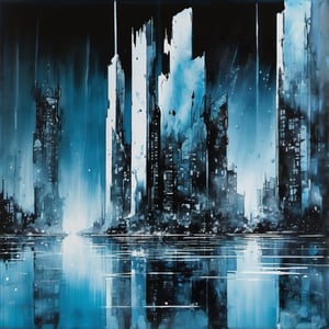 void, left blank, ultra fine painting, water ink splash, cyberpunk dark mega city side view, reflection, (cold blue tone), (gravity defying skyscraper), 