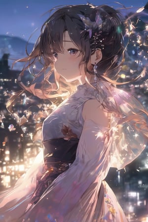 (anime:1.4), (((studio anime))), best quality, masterpiece, highly detailed foreground, ambient lighting, ultra-fine painting, extreme detail description, bokeh, side view, beautiful rendering, (blurry realistic very low saturation background), professional, healing,

1girl, beautiful young girl, delicate hair with crystal leaf shape accessories, crystal earrings, (very long straight hair floating in the air blow by the wind), upper body, face closeup, vacant eyes look into distance, floating long light purple translucent iridescent skirt like crystal and water, (backlight:1.4), (silhouette:1.1),

night, background is japanese traditional street, colorful maple leaves, sparkling light on the water's surface, blurry foreground, water splashing light in air, romantic atmospheric background