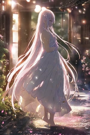 anime, (studio anime:1.3), masterpiece, best quality, high-res, extremely detailed, perfect lighting, bokeh, beautiful rendering, professional, paintbrush, lonely, 
1 woman, beautiful young woman, delicate eyes, pink lips, delicate hair with leaf shape accessories, (very long straight hair flowing), full body, side view, flowing long white skirt like crystal and silk, (backlight:0.5), (silhouette:0.1),
daylight, japanese traditional street, sakura blossom, sparkling light on the wet ground, petals splashing light in air, romantic atmospheric background