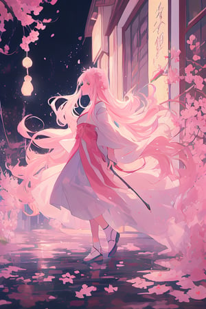 anime, (studio anime:1.3), masterpiece, best quality, high-res, extremely detailed, perfect lighting, bokeh, beautiful rendering, professional, paintbrush, lonely, 
1 woman, beautiful young woman, delicate eyes, pink lips, delicate hair with leaf shape accessories, (very long straight hair flowing), full body, side view, flowing long white skirt like crystal and silk, (backlight:0.5), (silhouette:0.1),
daylight, japanese traditional street, sakura blossom, sparkling light on the wet ground, petals splashing light in air, romantic atmospheric background