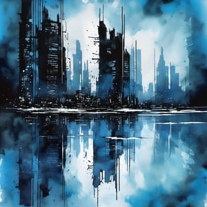 void, left blank, ultra fine painting, water ink splash, cyberpunk dark mega city side view, reflection, (cold blue tone), (gravity defying skyscraper), 