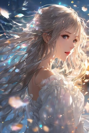 (anime:1.4), (((studio anime))), best quality, masterpiece, highly detailed foreground, ambient lighting, ultra-fine painting, extreme detail description, bokeh, side view, beautiful rendering, (blurry realistic very low saturation background), professional, healing,

1girl, beautiful young girl, delicate hair with crystal leaf shape accessories, crystal earrings, (very long straight hair floating in the air blow by the wind), upper body, face closeup, vacant eyes look into distance, floating long white translucent iridescent skirt like crystal and water, (backlight:1.4), (silhouette:1.1),

night, background is japanese traditional street, colorful maple leaves, sparkling light on the water's surface, blurry foreground, water splashing light in air, romantic atmospheric background