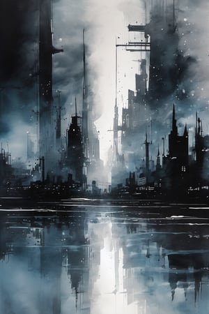 void, left blank, ultra fine painting, water ink splash, cyberpunk dark mega city side view, reflection, cold-tone, 