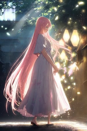 anime, (studio anime:1.3), masterpiece, best quality, high-res, extremely detailed, perfect lighting, bokeh, beautiful rendering, professional, paintbrush, lonely, 
1 woman, beautiful young woman, delicate eyes, pink lips, delicate hair with leaf shape accessories, (very long straight hair flowing), full body, side view, flowing long white skirt like crystal and silk, (backlight:0.5), (silhouette:0.1),
daylight, japanese traditional street, sakura blossom, sparkling light on the wet ground, petals splashing light in air, romantic atmospheric background