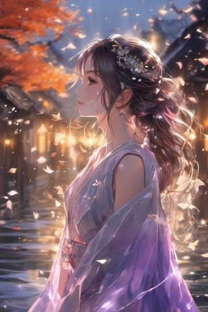 (anime:1.4), (((studio anime))), best quality, masterpiece, highly detailed foreground, ambient lighting, ultra-fine painting, extreme detail description, bokeh, side view, beautiful rendering, (blurry realistic very low saturation background), professional, healing,

1girl, beautiful young girl, delicate hair with crystal leaf shape accessories, crystal earrings, (very long straight hair floating in the air blow by the wind), upper body, face closeup, vacant eyes look into distance, floating long light purple translucent iridescent skirt like crystal and water, (backlight:1.4), (silhouette:1.1),

night, background is japanese traditional street, colorful maple leaves, sparkling light on the water's surface, blurry foreground, water splashing light in air, romantic atmospheric background