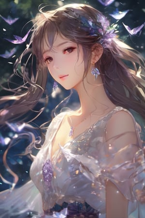 (anime:1.4), (((studio anime))), best quality, masterpiece, highly detailed foreground, ambient lighting, ultra-fine painting, extreme detail description, bokeh, side view, beautiful rendering, (blurry realistic very low saturation background), professional, healing,

1girl, beautiful young girl, delicate hair with purple leaf shape accessories, crystal earrings, (very long straight hair floating in the air blow by the wind), upper body, face closeup, floating long white translucent iridescent skirt like crystal and water, (backlight:0.5), (silhouette:0.1),  night, background is japanese traditional street, colorful maple leaves, sparkling light on the water's surface, blurry foreground, water splashing light in air, romantic atmospheric background