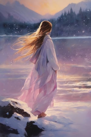 oil painting, watercolor wash splash, brush stroke texture, negative space, void, empty space, 

1girl, (cute young girl), scarf, (very long straight hair floating in the air), full body, floating long white translucent iridescent skirt shining like crystal and water reflecting light, (backlight:0.5), (silhouette:0.1), bare foot, foreground blur, 

The background is heavily snowing cascading mountains ridges, harsh blizzard, cliff, misty lake, very chilly cold and windy, snowflakes splashing light in air, romantic atmospheric, golden hour, purple pink sunset, 
