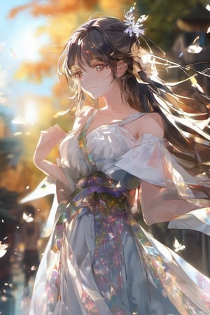 (anime:1.4), (((studio anime))), best quality, masterpiece, highly detailed foreground, ambient lighting, ultra-fine painting, extreme detail description, bokeh, side view, beautiful rendering, (blurry realistic very low saturation background), professional, healing,

1girl, beautiful young girl, delicate hair with crystal leaf shape accessories, crystal earrings, (very long straight hair floating in the air blow by the wind), upper body, face closeup, vacant eyes look into distance, floating long white translucent iridescent skirt like crystal and water, (backlight:1.4), (silhouette:1.1),

night, background is japanese traditional street, colorful maple leaves, sparkling light on the water's surface, blurry foreground, water splashing light in air, romantic atmospheric background