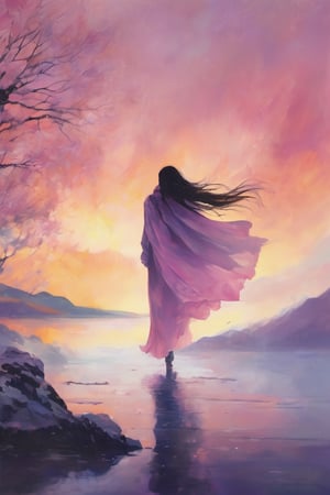 oil painting, watercolor wash splash, brush stroke texture, negative space, void, empty space, 

1girl, (cute young girl), scarf, (very long straight hair floating in the air), full body, floating long white translucent iridescent skirt shining like crystal and water reflecting light, (backlight:0.5), (silhouette:0.1), bare foot, foreground blur, 

The background is heavily snowing cascading mountains ridges, harsh blizzard, cliff, misty lake, very chilly cold and windy, snowflakes splashing light in air, romantic atmospheric, golden hour, purple pink sunset, 
