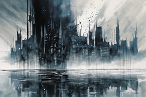 void, left blank, ultra fine painting, water ink splash, cyberpunk dark mega city side view, reflection, (cold-tone), (gravity defying skyscraper), 