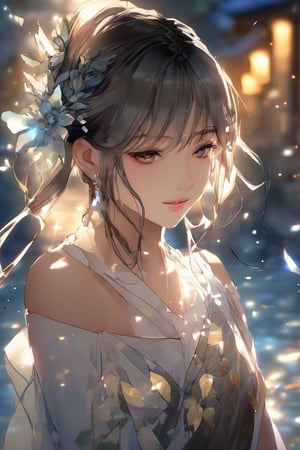 (anime:1.4), (((studio anime))), ink waterwash, best quality, masterpiece, highly detailed foreground, ambient lighting, ultra-fine painting, extreme detail description, bokeh, side view, beautiful rendering, (blurry realistic very low saturation background), professional, healing,

1girl, beautiful young girl, delicate hair with crystal leaf shape accessories, crystal earrings, (very long straight hair floating in the air blow by the wind), upper body, face closeup, vacant eyes look into distance, floating long light blue translucent iridescent skirt like crystal and water, (backlight:1.4), (silhouette:1.1),

night, background is japanese traditional street, colorful maple leaves, sparkling light on the water's surface, blurry foreground, water splashing light in air, romantic atmospheric background