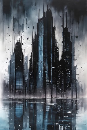 void, left blank, ultra fine painting, water ink splash, cyberpunk dark mega city side view, reflection, cold-tone, gravity defying skyscraper
