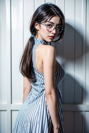 4K, high quality, (1 girl), (eyes are blue: 1.5), (wearing glasses), (halterneck loose straight short_dress), (blue and white horizontal stripes loose straight short_dress: 1.2), (white horizontal stripes loose straight short style_dress), (blue horizontal stripes loose straight short ,shine eyes01