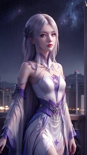 1 Japanese girl,,(short curly hair),(shoulder length hair),(tied hair),(medium chest),(dress),(starry sky background),Qingyi's clothes,Xuanxuan,little doctor fairy clothes,little medical fairy