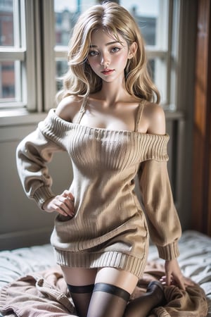 4K, high quality, (1 girl), (long blonde hair), (petite figure), (off the shoulders), (short sweater dress: 1.2), (white stockings), (in the room),