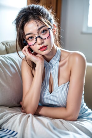 4K, high quality, (1 girl), (eyes are blue: 1.5), (wearing glasses), (halterneck loose straight short_dress), (blue and white horizontal stripes loose straight short_dress: 1.2), (white horizontal stripes loose straight short style_dress), (blue horizontal stripes loose straight short ,shine eyes01