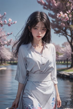 (panoramic), (cowboy shot), 1girl, solo, long hair, looking at viewer, skirt, shirt, black hair, hair ornament, jewelry, very long hair, white shirt, flower, earrings, outdoors, sky, choker, day, cloud, hair flower, water, bag, tree, blue sky, see-through, white skirt, cherry blossoms