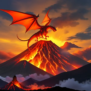 A majestic fiery dragon, wings spread wide, soaring in the sky above an erupting volcano, with lava spewing and smoke billowing, capturing the dramatic contrast of the dragon's scales against the fiery backdrop.