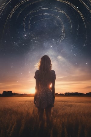 A close up fantastic image of a woman's outline containing the entire galaxy inside of her, as she stands in a field in summer at sunset, a soft aura surrounding her
