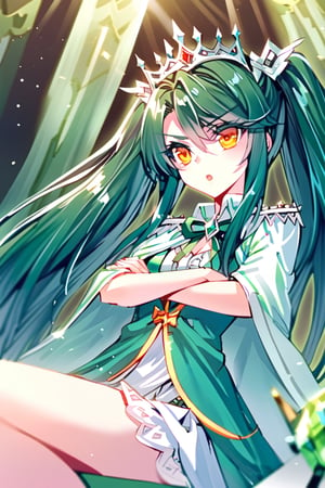 bingdi, 1girl, solo, long hair, open mouth, yellow eyes, green hair, orange eyes, crossed arms, tiara, crown, legs, dress