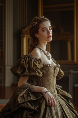  Professional photo of a full-length woman in Renaissance style. She wears a dress with a corset and long skirt decorated with embroidery and jewels. The dress has a deep neckline and elaborate draperies. The hair is styled in a simple hairstyle with jewellery. The background is an interior with elements of Renaissance architecture. Volumetric lighting, captured by Gregory Crewdson using a Hasselblad H6D, Cinematic lighting, 8K, Ultra-HD, Super-Resolution