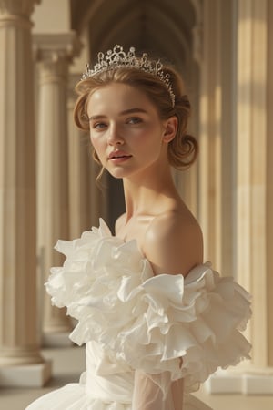 Full-length photograph of a young woman in empire style. She is wearing a white dress with an exaggerated waist, her hair is arranged in curls with a tiara. Background - classic light environment with columns and soft sunlight. Professional shooting, emphasis on details of fabrics and delicate facial features. Volumetric lighting, captured by Gregory Crewdson using a Hasselblad H6D, Cinematic lighting, 8K, Ultra-HD, Super-Resolution