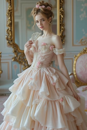  Professional photo of a full-length. Elegant character in a Rococo-style setting, dressed in a pastel-colored gown with delicate floral patterns and voluminous skirts, adorned with ribbons and lace. The background features ornate furniture, a gilded mirror, and a soft, whimsical palette of pinks and blues. Her hair is styled high with delicate curls, and she's holding a small fan, her pose light and graceful.Volumetric lighting, captured by Gregory Crewdson using a Hasselblad H6D, Cinematic lighting, 8K, Ultra-HD, Super-Resolution