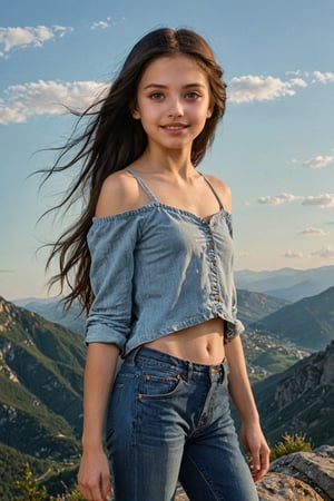 (masterpiece, best quality, ultra-detailed, 8K),high detail, realisitc detailed,
a beautiful young girl with long flowy black hair over shoulders in the dark, jeans outfits,   brown eyes, 11yo, prwteen, pale soft skin, kind smile, glossy lips, a serene and contemplative mood, setting on the top of the mountain, some people walking in the street. making Victory Hand Gesture,