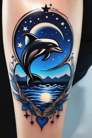 An artistic, stylized arm tattoo of a dolphin outlined in bold black ink, jumping through a heart that is filled with a starry night sky design. The stars and moon within the heart are glowing softly, contrasting against the dark blue and black shades of the nocturnal sky.