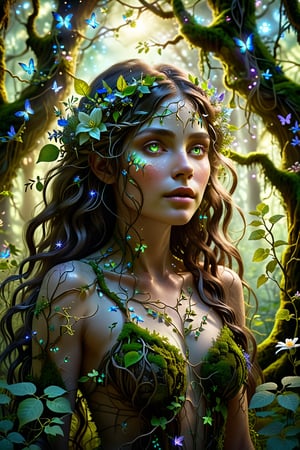 A woman whose body is entwined with vines and flowers, her skin appearing like bark and leaves. Her hair is a canopy of luminescent flowers that glow softly. She stands in a surreal forest where trees have eyes, flowers sing, and the air is filled with shimmering, magical dust. The forest appears to be alive, responding to her presence, creating an enchanting and mystical atmosphere.