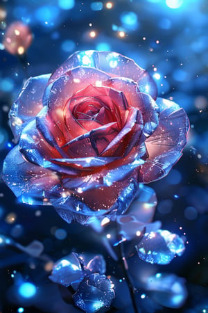 crystal spring blossom, fantasy, galaxy, transparent, shimmering, sparkling, splendid, colorful, magical photography, dramatic lighting, photo realism, ultra-detailed, 4k, Depth of field, High-resolution, blue Rose