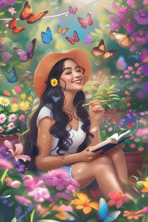 A hyper-realistic illustration of a Latina woman with long, wavy black hair and a sun hat sits cross-legged in a colorful garden. Surrounded by vibrant flowers and fluttering butterflies, she wears a serene smile and holds a sketchbook, diligently drawing the picturesque scenery. The scene is framed with the garden in the foreground, showcasing the abundance of nature's beauty. Bright, cheerful lighting enhances the playful and joyful atmosphere, emphasizing the theme of self-love through creativity and communion with nature.