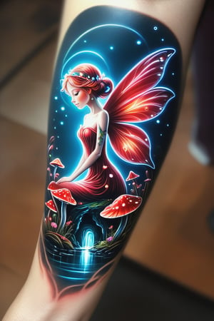 An arm tattoo of a delicate fairy with shimmering wings sits gracefully on a large, red-capped mushroom with white spots. Her translucent wings sparkle in the moonlight as she gazes wistfully at a nearby stream. Surrounding the mushroom are small, glowing fireflies and a few scattered wildflowers, creating a magical ambiance. The fairy has long, flowing hair adorned with tiny flowers, and she wears a simple, flowing dress that seems to be made of petals.