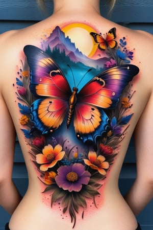 A back tattoo featuring a serene sunset over a wildflower meadow. The sunset casts a warm golden glow, highlighting a large, detailed butterfly perched on a cluster of summer blooms. The tattoo artfully blends the butterfly with the flowers, using shades of red, yellow, and violet to evoke a tranquil summer evening.