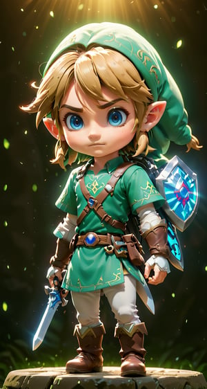 (Link from the legend of zelda), small and cute, (eye color switch), (bright and clear eyes), anime style, depth of field, lighting cinematic lighting, divine rays, ray tracing, reflected light, glow light, side view, close up, masterpiece, best quality, high resolution, super detailed, high resolution surgery precise resolution, UHD, skin texture,full_body,chibi