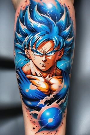 A dynamic tattoo of Goku from "Dragon Ball Z" in his Super Saiyan Blue form, surrounded by crackling blue energy. The tattoo showcases Goku in a powerful battle stance, with detailed muscle definition, intense facial expression, and Dragon Balls scattered throughout the design, all against a space-themed background with stars and planets.