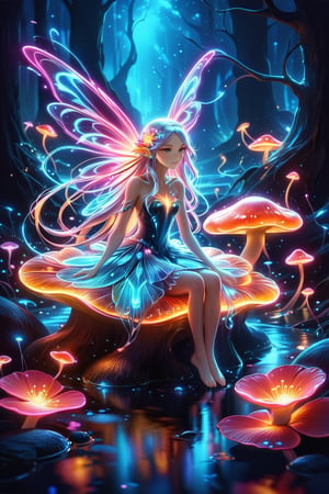 A delicate beautiful fairy with shimmering wings sits gracefully on a large, red-capped mushroom with white spots. Her translucent wings sparkle in the moonlight as she gazes wistfully at a nearby stream. Surrounding the mushroom are small, glowing fireflies and a few scattered wildflowers, creating a magical ambiance. The fairy has long, flowing hair adorned with tiny flowers, and she wears a simple, flowing sparkling dress that seems to be made of petals. celestial glow, fairy house, pink, purple, yellow, orange, green