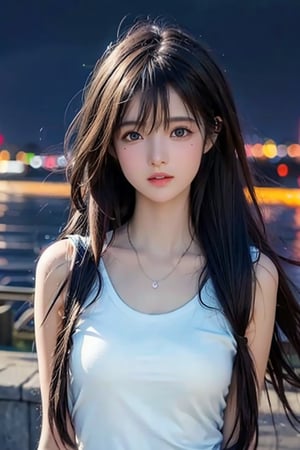 Best quality, masterpiece, ultra high res, (photorealistic:1.37), (medium full shot:1.3), raw photo, a young girl, 17 year old, long hair flowing by the wind, bangs, detailed eyes and face, perfect anatomy. dynamic lighting, in the dark, deep shadow, low key, cinematic image, bright city, floting city on the background. undershirt, 
