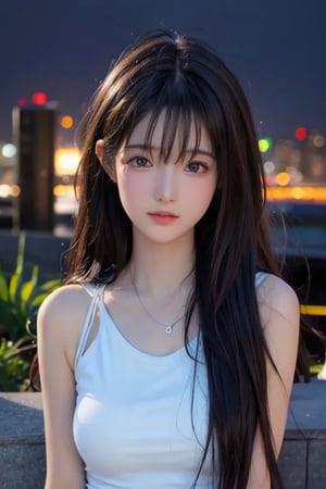 Best quality, masterpiece, ultra high res, (photorealistic:1.37), (medium full shot:1.3), raw photo, a young girl, 17 year old, long hair flowing by the wind, bangs, detailed eyes and face, perfect anatomy. dynamic lighting, in the dark, deep shadow, low key, cinematic image, bright city, floting city on the background. undershirt, 
