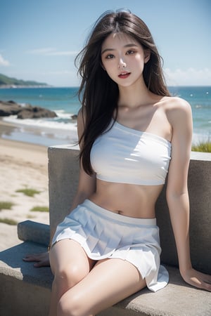 Beach by the seaside, Depth of field,  clothing details,  revealing lower breasts,  sexy pure white one shoulder short top,  pleated skirt,  knee length socks,  exposed navel, 1 girl,beauty,solo,1 girl,best quality,masterpiece