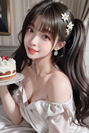 multiple_girls, dress, macaron, food, smile, brown_hair, looking_at_viewer, blue_hair, maid_headdress, long_hair, jewelry, blue_eyes, necklace, hair_ornament, tiara, parted_lips, 4girls, mole_under_eye, mole, cake, white_dress, hair_flower, red_dress, flower, bare_shoulders, holding, brown_eyes, breasts, cupcake, black_hair, bangs, indoors, maid, twintails, artist_name, grey_eyes, off-shoulder_dress, heart, tiered_tray, grey_hair, signature, lips,masterpiece
