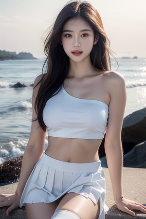 Beach by the seaside, Depth of field,  clothing details,  revealing lower breasts,  sexy pure white one shoulder short top,  pleated skirt,  knee length socks,  exposed navel, 1 girl,beauty,solo,1 girl,best quality,masterpiece