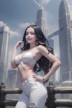 a young woman stands confidently amidst the bright lights of (((Twin Tower at Kuala Lumpur))), her slender figure clad in a fitted white tube top and distressed blue jeans. (((medium breasts))), Her long hair blows gently in the city breeze as she at camera, a radiant smile illuminating her face.,Wonder of Art and Beauty,Nice legs and hot body