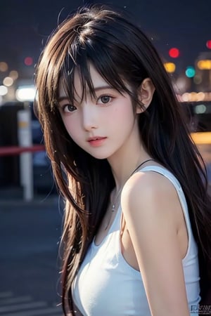 Best quality, masterpiece, ultra high res, (photorealistic:1.37), (medium full shot:1.3), raw photo, a young girl, 17 year old, long hair flowing by the wind, bangs, detailed eyes and face, perfect anatomy. dynamic lighting, in the dark, deep shadow, low key, cinematic image, bright city, floting city on the background. undershirt, 
