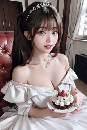 multiple_girls, dress, macaron, food, smile, brown_hair, looking_at_viewer, blue_hair, maid_headdress, long_hair, jewelry, blue_eyes, necklace, hair_ornament, tiara, parted_lips, 4girls, mole_under_eye, mole, cake, white_dress, hair_flower, red_dress, flower, bare_shoulders, holding, brown_eyes, breasts, cupcake, black_hair, bangs, indoors, maid, twintails, artist_name, grey_eyes, off-shoulder_dress, heart, tiered_tray, grey_hair, signature, lips,masterpiece