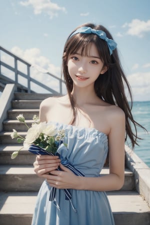 1girl, 16 yo, solo, long hair, looking at the viewer,  bright sunny smile, bangs, brown hair, strapless, blue dress, upper body, outdoors, holding flowers in hand, bow, ribbon, hair ribbon,  hairband,  parted lips,  bowtie, lips,  bow,  ribbon, realistic, sky, day, cloud, blue footwear, stairs, ocean, realistic hands