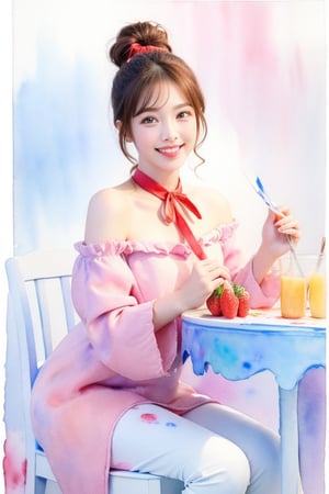 masterpiece, top quality, aesthetic, (watercolor style: 1.7), 1 woman, solo, long hair, looking at viewer, smiling, happy, open mouth, bangs, blue eyes, blonde hair, dress, long sleeves, off-shoulder dress, ribbon, holding, sitting, hair ribbon, , ponytail, :d, heart, frill, food, glass, straw, red ribbon, neck ribbon, fruit, chair, table, holding food, plate, orange juice, cake, strawberry, fork, holding fork,watercolor \(medium\)
,beauty,Beauty,idol